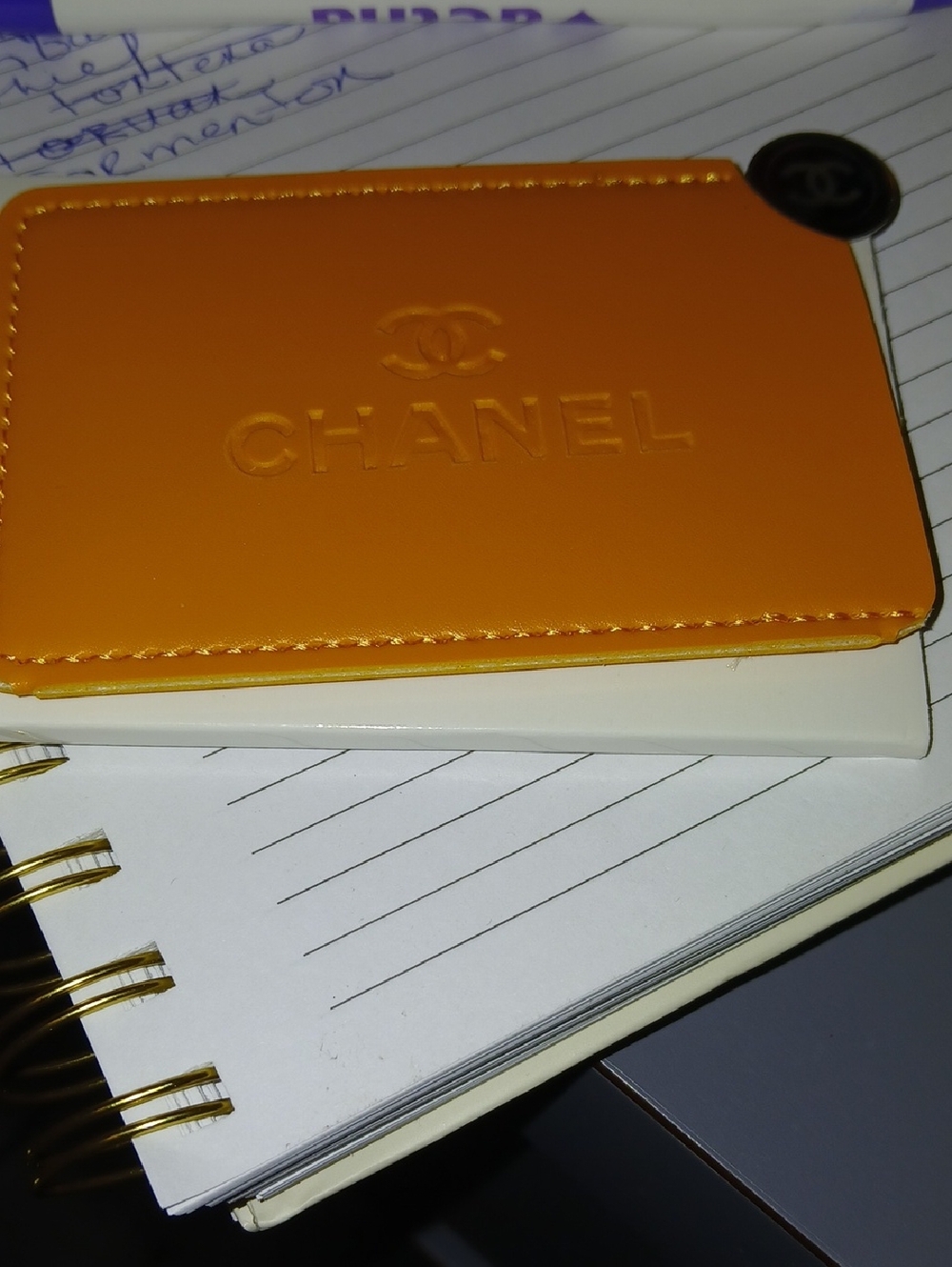 CHANEL Orange Embossed Leather Card Holder With Mirror